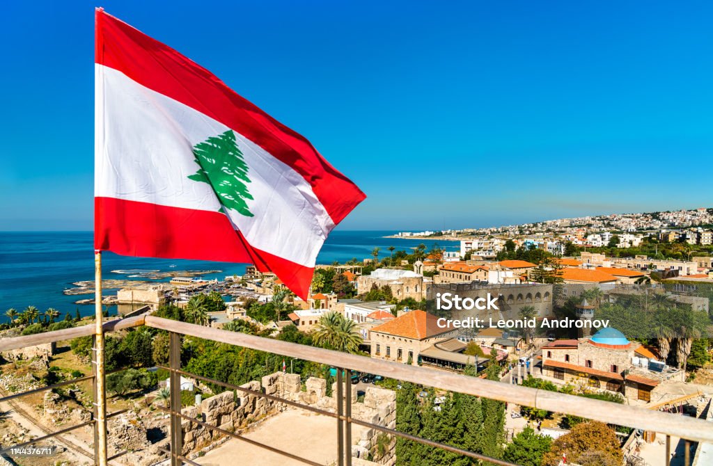 Flag of Lebanon at the Crusader Castle in Byblos